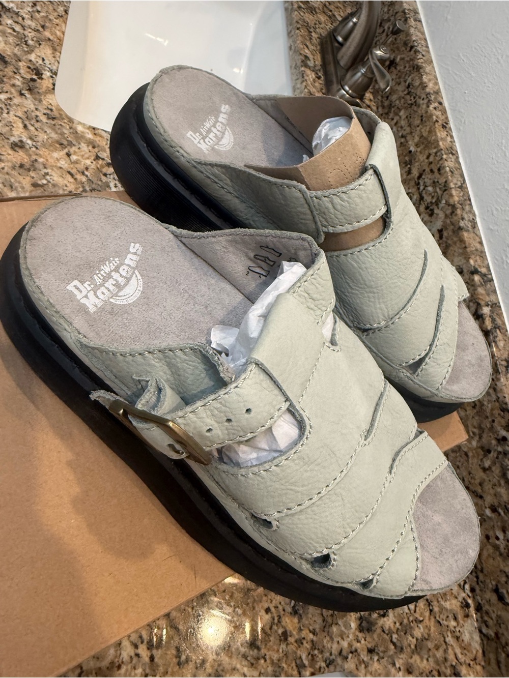 Dr. Martens Pale Sage Green Leather Slide Sandals with Buckle